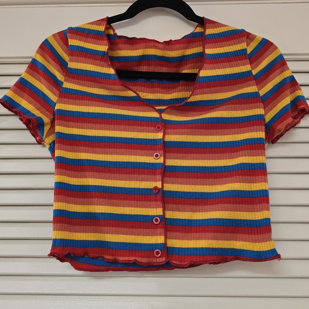 SHEIN - Colourful Striped Ribbed Short-Sleeve Faux Button Crop Top